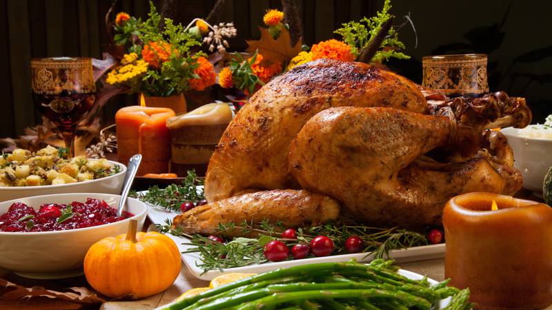 Roasted turkey garnished with cranberries on a rustic style table decoraded with pumpkins, gourds, asparagus, brussel sprouts, baked vegetables, pie, flowers, and candles.