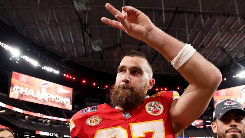 LAS VEGAS, NEVADA - FEBRUARY 11: Travis Kelce #87 of the Kansas City Chiefs reacts after defeating the San Francisco 49ers 25-22 during Super Bowl LVIII at Allegiant Stadium on February 11, 2024 in Las Vegas, Nevada. (Photo by Jamie Squire/Getty Images)
