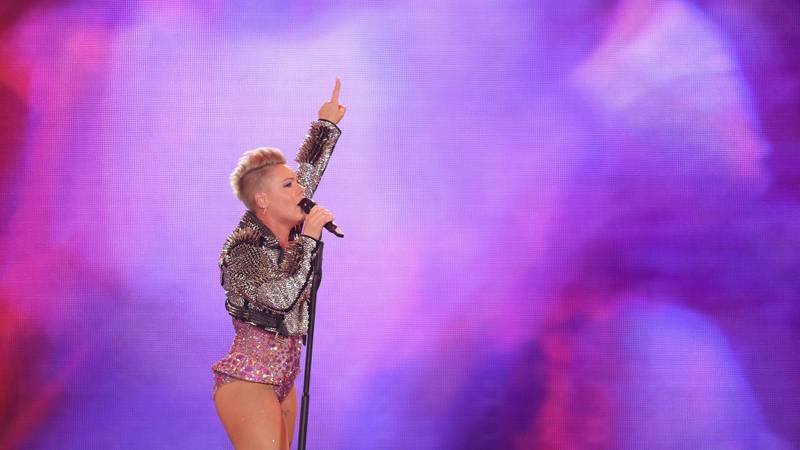 P!nk performing in concert.