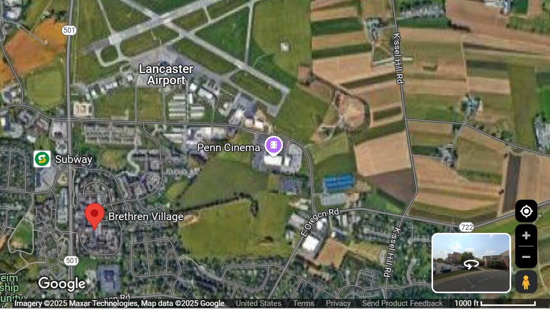 Google map showing Brethren Village and the Lancaster Airport.