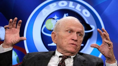 WASHINGTON - NOVEMBER 13:  Apollo 8 crew member Frank Borman speaks during a live taping of a NASA TV program at the Newseum November 13, 2008 in Washington, DC. The former astronauts participated in a discussion on the December 1968 lunar orbital mission and how the success of Apollo 8 contributed to the overall moon landing effort that culminated just six months later with Apollo 11 and to commemorate NASA's 50th anniversary.  (Photo by Alex Wong/Getty Images)