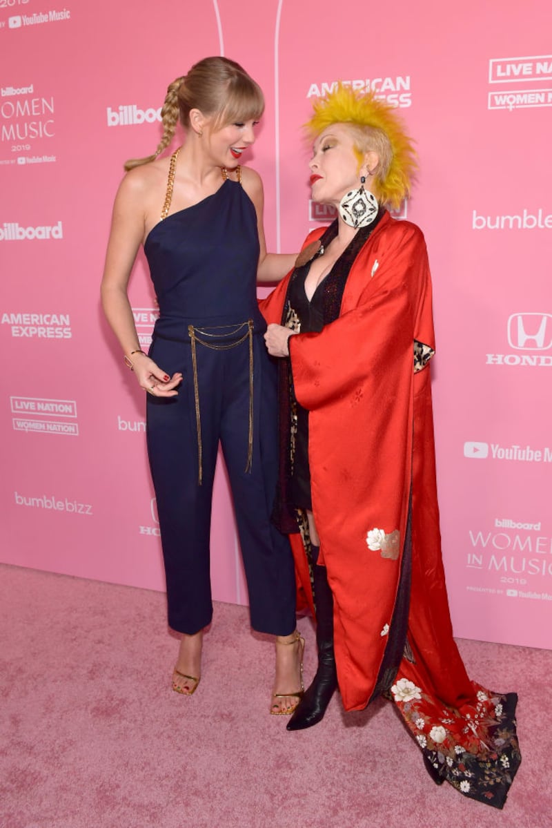 LOS ANGELES, CALIFORNIA - DECEMBER 12: (L-R) Taylor Swift and Cyndi Lauper attend Billboard Women In Music 2019, presented by YouTube Music, on December 12, 2019 in Los Angeles, California. (Photo by Matt Winkelmeyer/Getty Images for Billboard)