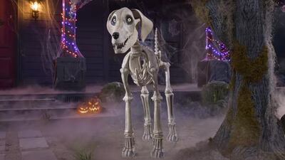 Skelly, Home Depot's 12-foot skeleton, gets a canine companion — and he's a very good boy